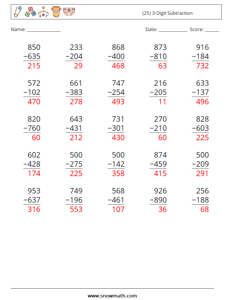 (25) 3-Digit Subtraction Math Worksheets 13 Question, Answer