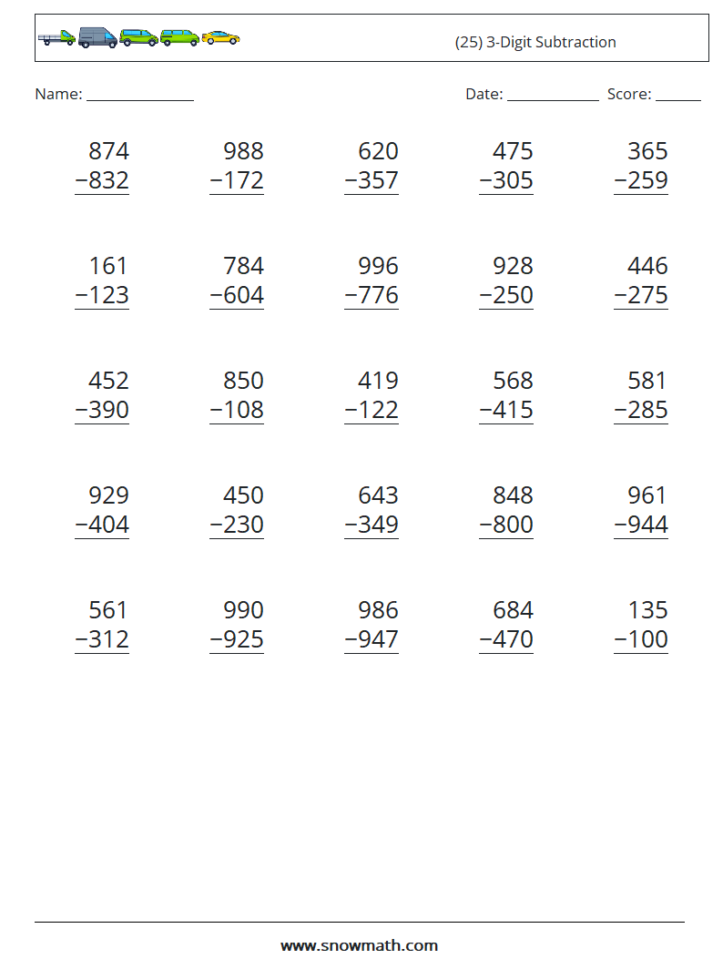 (25) 3-Digit Subtraction Math Worksheets 14