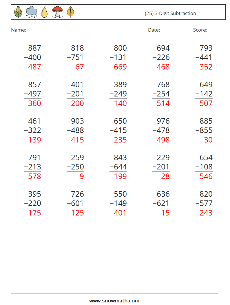 (25) 3-Digit Subtraction Math Worksheets 15 Question, Answer