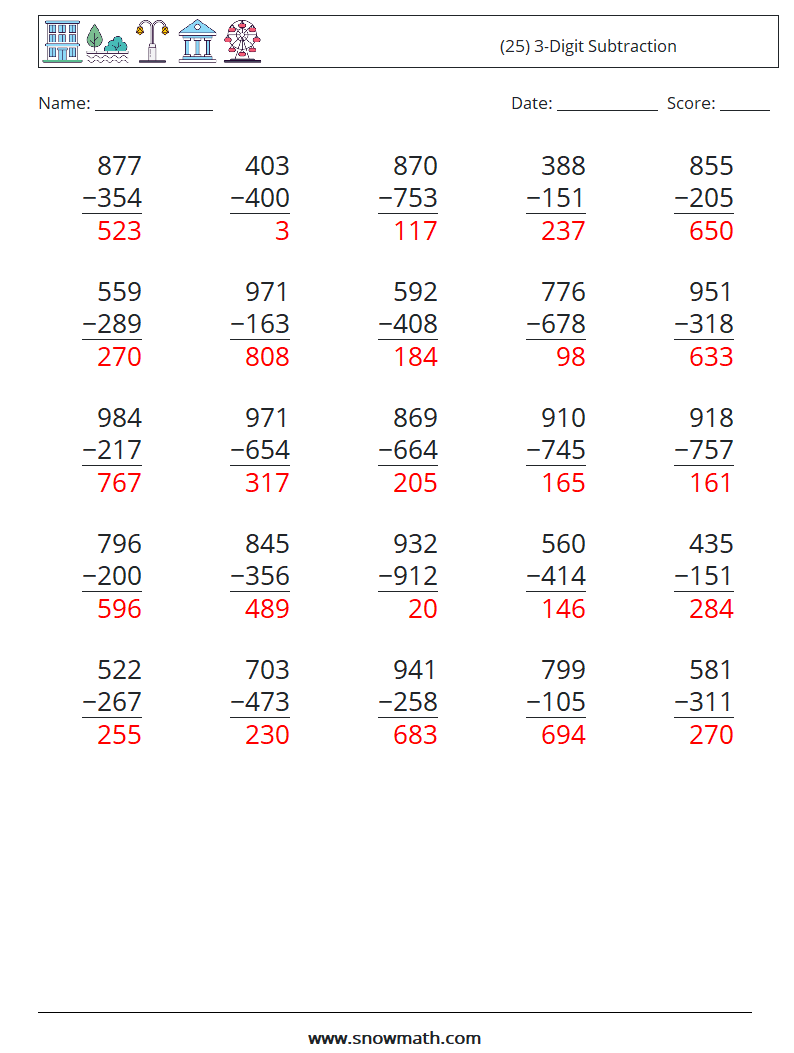 (25) 3-Digit Subtraction Math Worksheets 16 Question, Answer