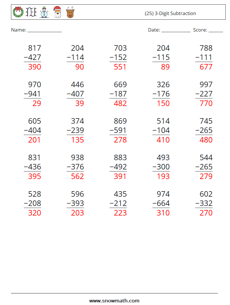 (25) 3-Digit Subtraction Math Worksheets 17 Question, Answer