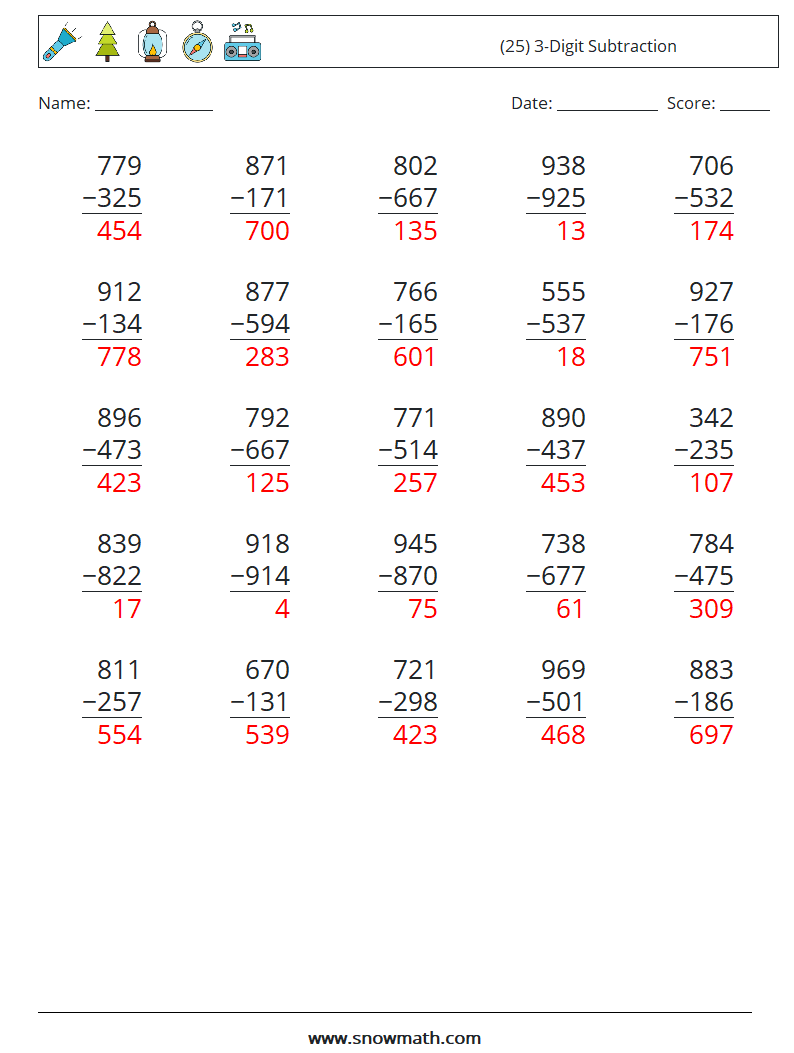 (25) 3-Digit Subtraction Math Worksheets 18 Question, Answer