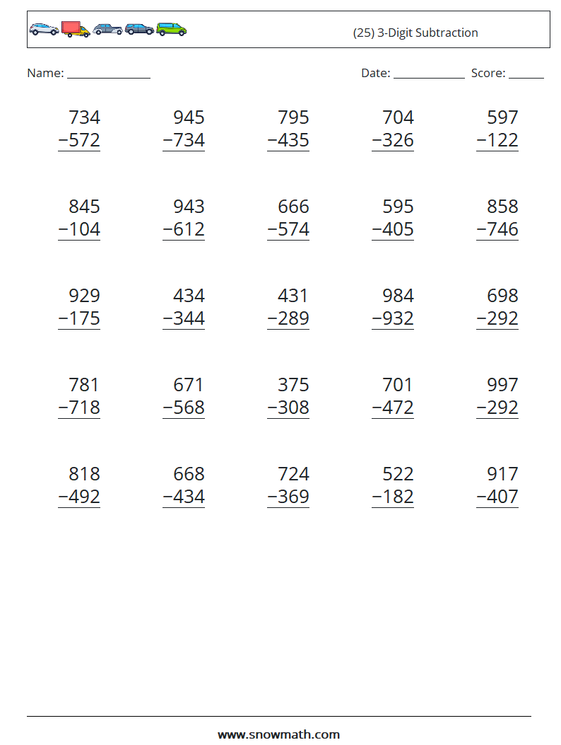 (25) 3-Digit Subtraction Math Worksheets 2