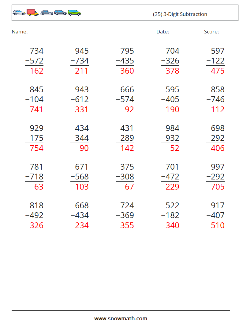 (25) 3-Digit Subtraction Math Worksheets 2 Question, Answer