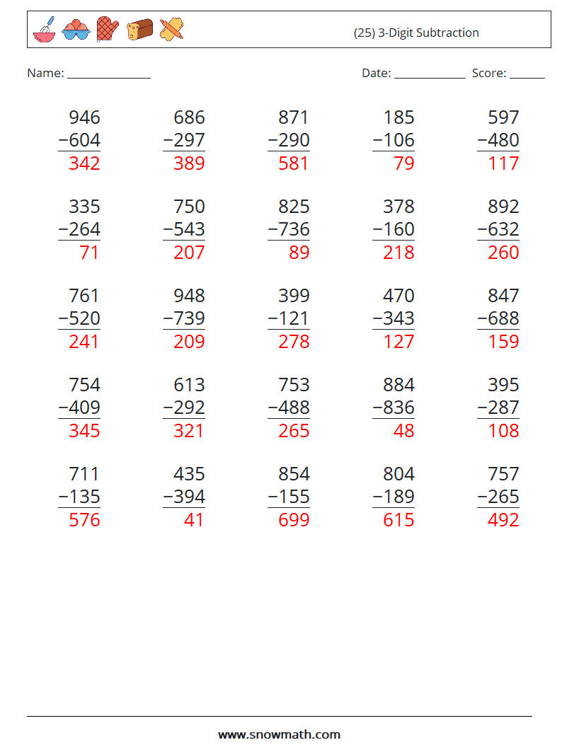 (25) 3-Digit Subtraction Math Worksheets 3 Question, Answer