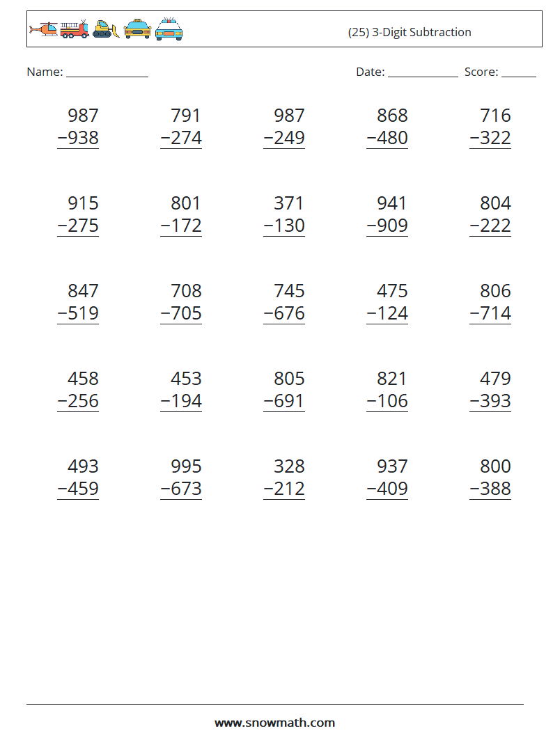 (25) 3-Digit Subtraction Maths Worksheets 4