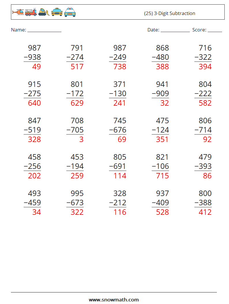 (25) 3-Digit Subtraction Math Worksheets 4 Question, Answer