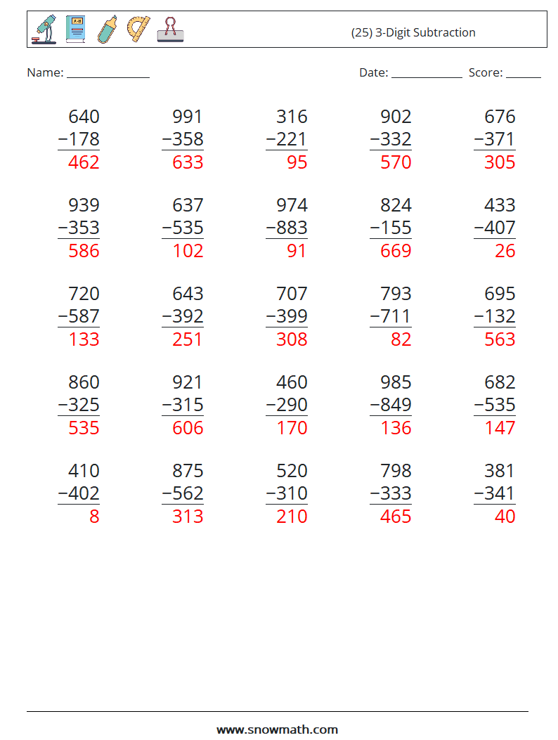 (25) 3-Digit Subtraction Math Worksheets 5 Question, Answer