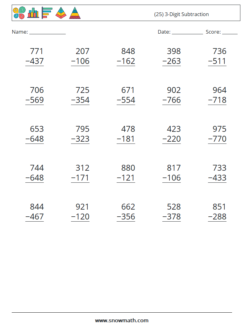 (25) 3-Digit Subtraction Maths Worksheets 6