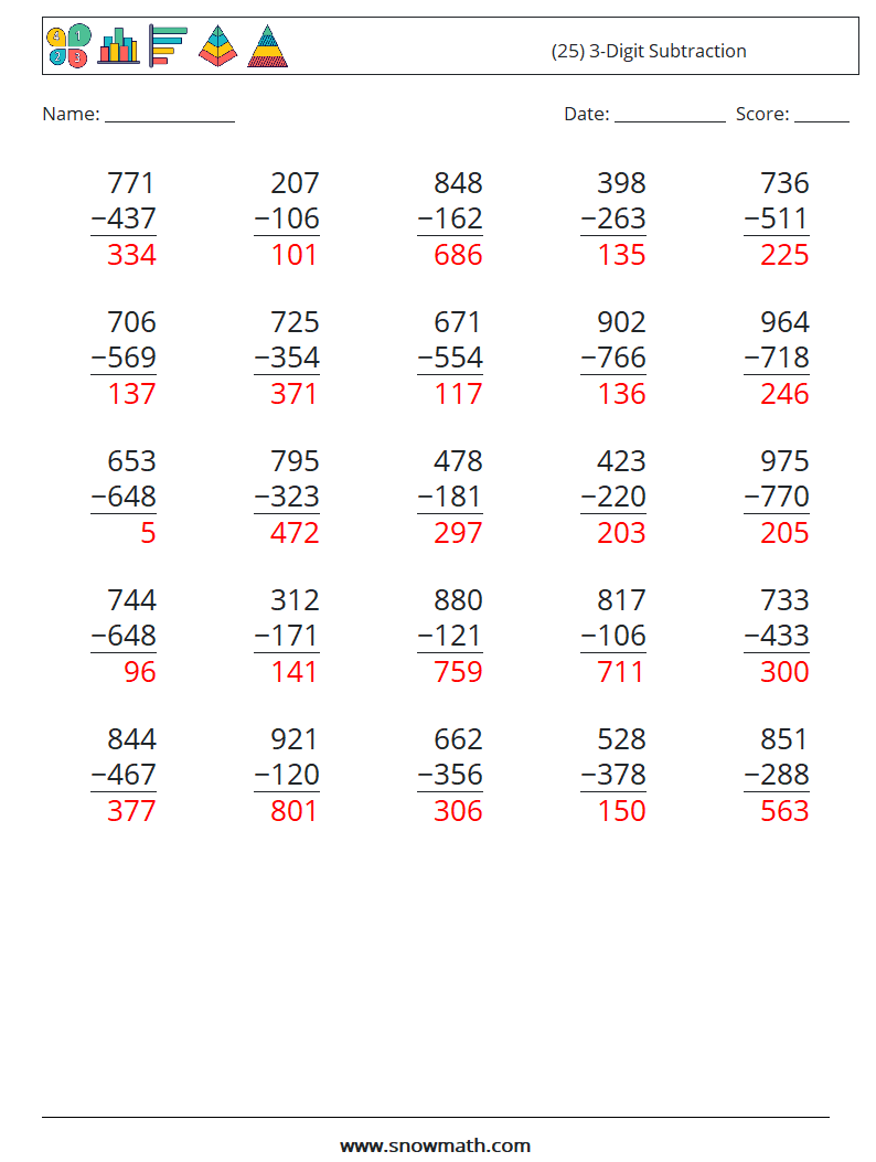 (25) 3-Digit Subtraction Math Worksheets 6 Question, Answer