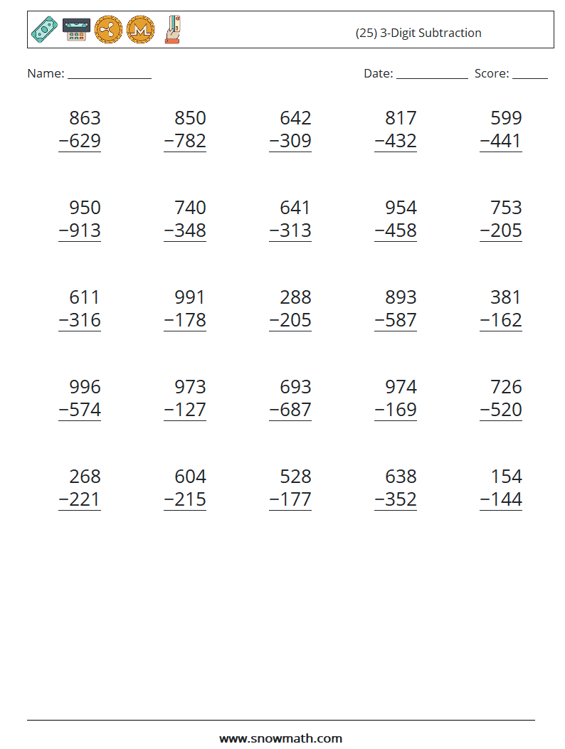 (25) 3-Digit Subtraction Math Worksheets 7