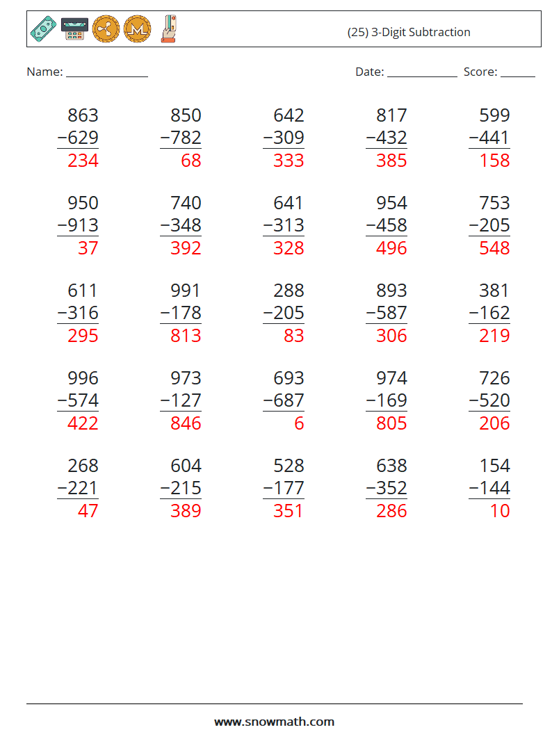 (25) 3-Digit Subtraction Math Worksheets 7 Question, Answer