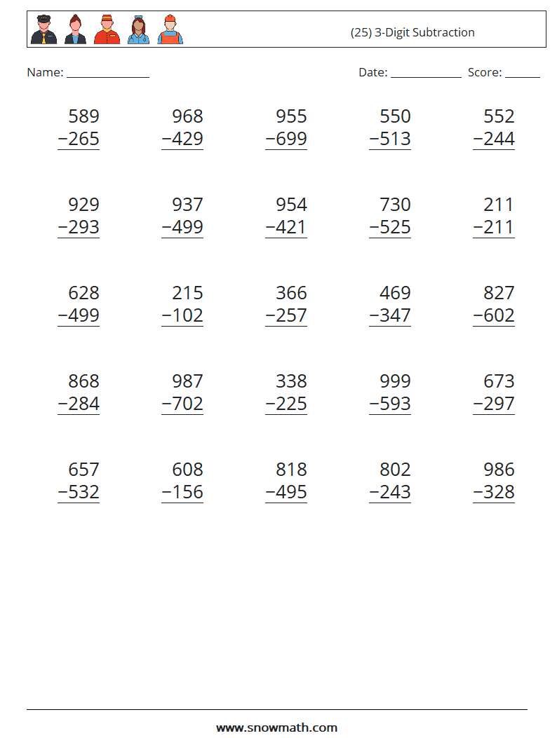 (25) 3-Digit Subtraction Maths Worksheets 8