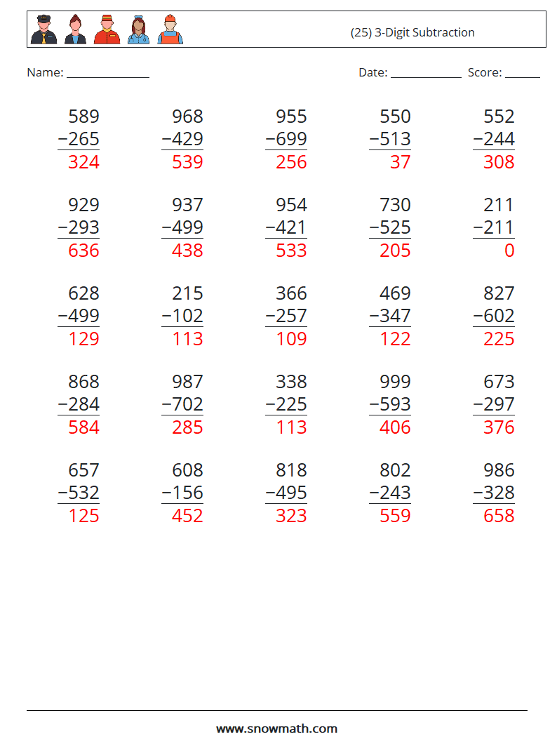 (25) 3-Digit Subtraction Math Worksheets 8 Question, Answer