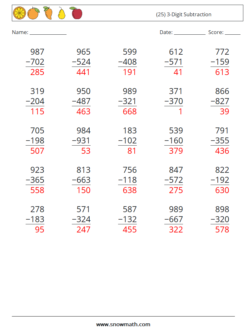 (25) 3-Digit Subtraction Math Worksheets 9 Question, Answer