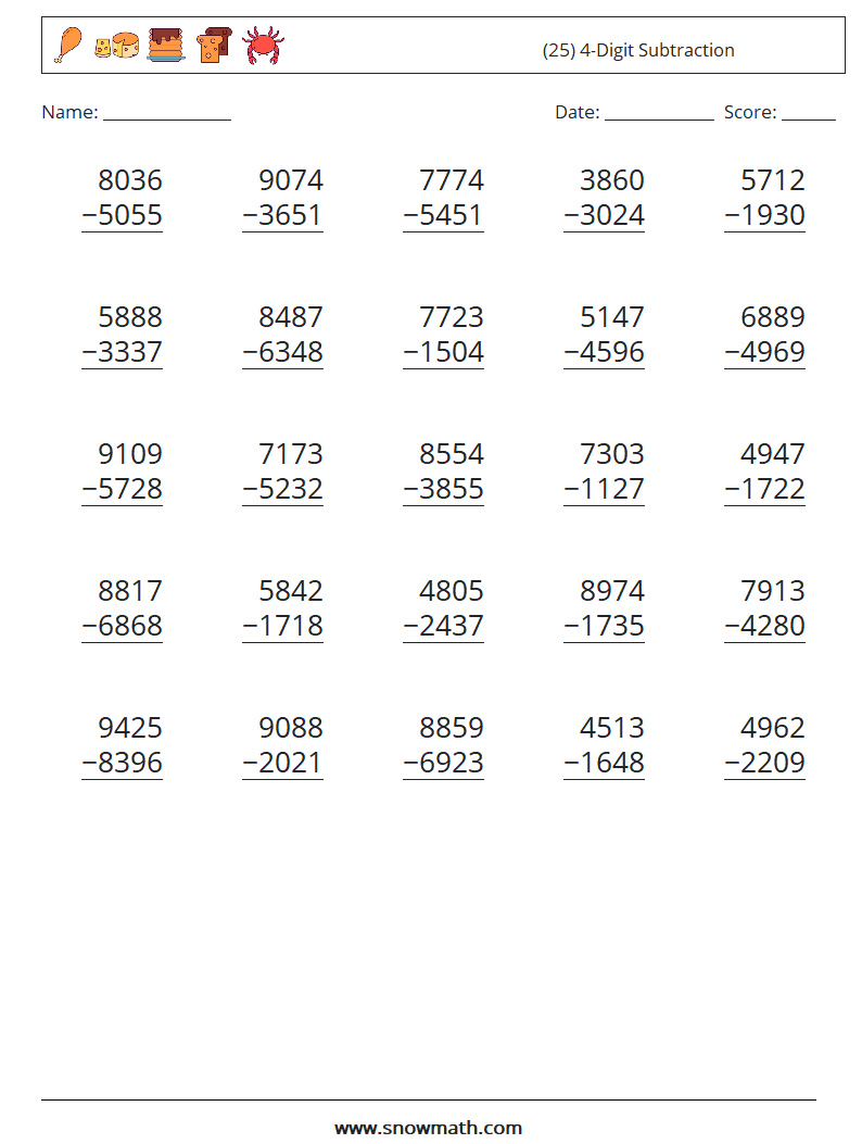 (25) 4-Digit Subtraction Math Worksheets 11