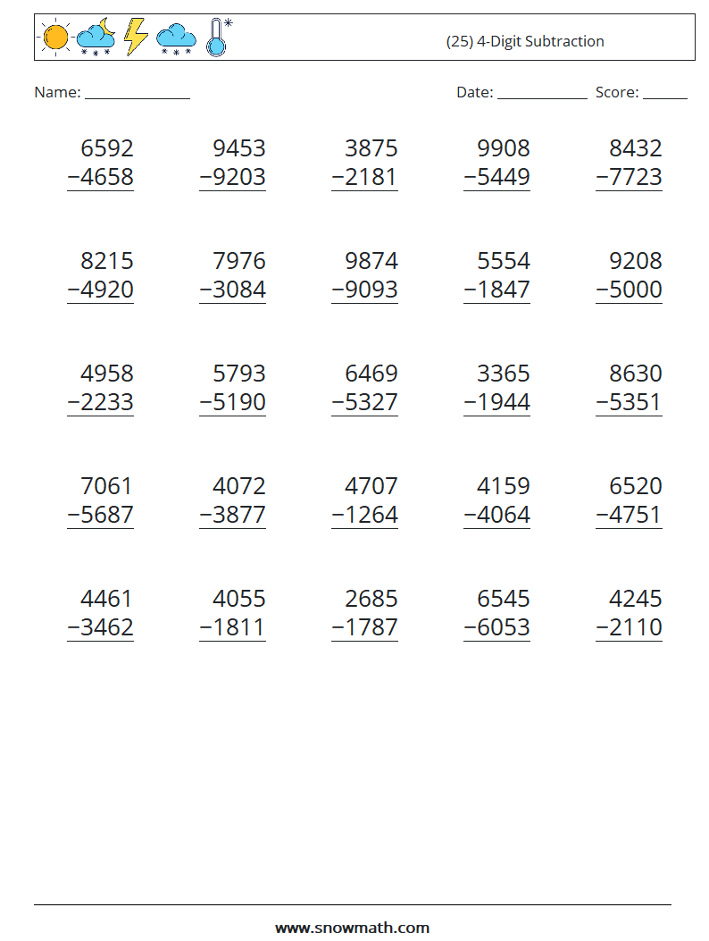 (25) 4-Digit Subtraction Math Worksheets 13