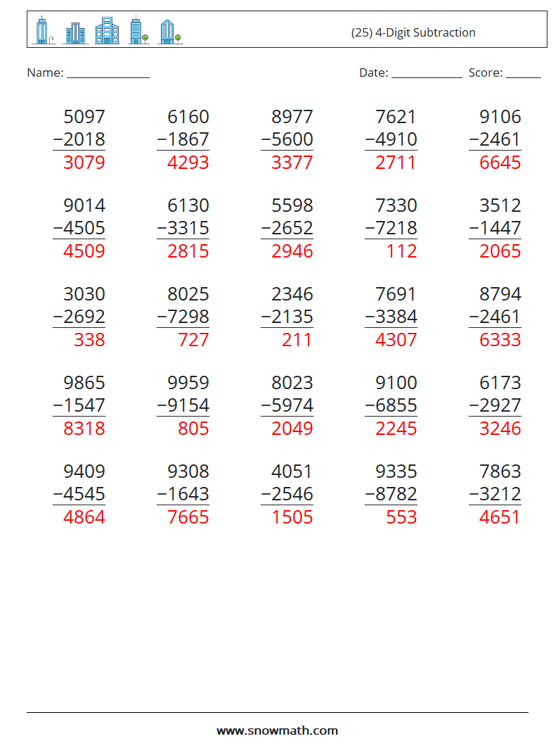 (25) 4-Digit Subtraction Math Worksheets 15 Question, Answer
