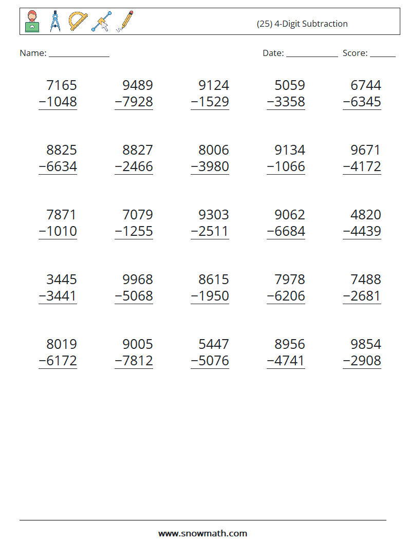 (25) 4-Digit Subtraction Math Worksheets 16