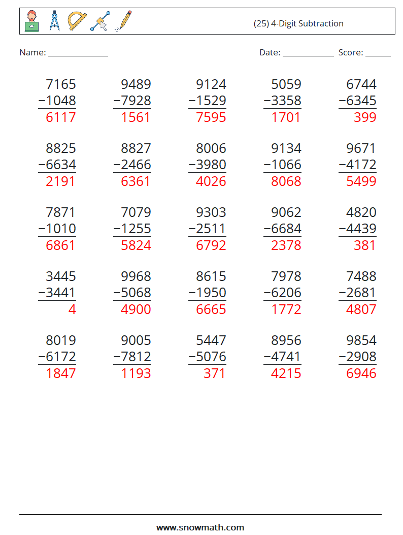 (25) 4-Digit Subtraction Math Worksheets 16 Question, Answer