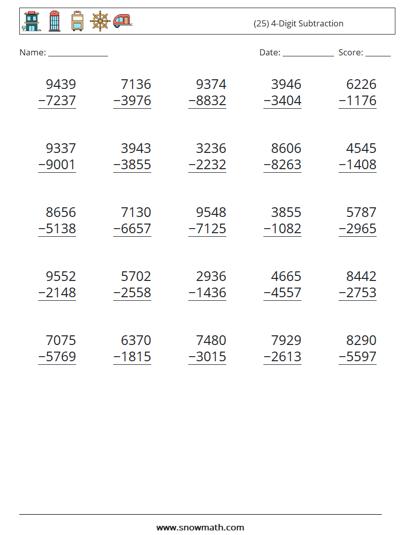 (25) 4-Digit Subtraction Maths Worksheets 17