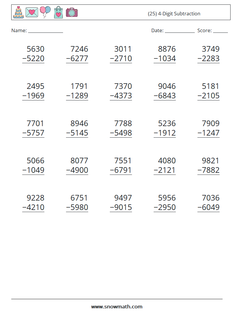 (25) 4-Digit Subtraction Math Worksheets 18