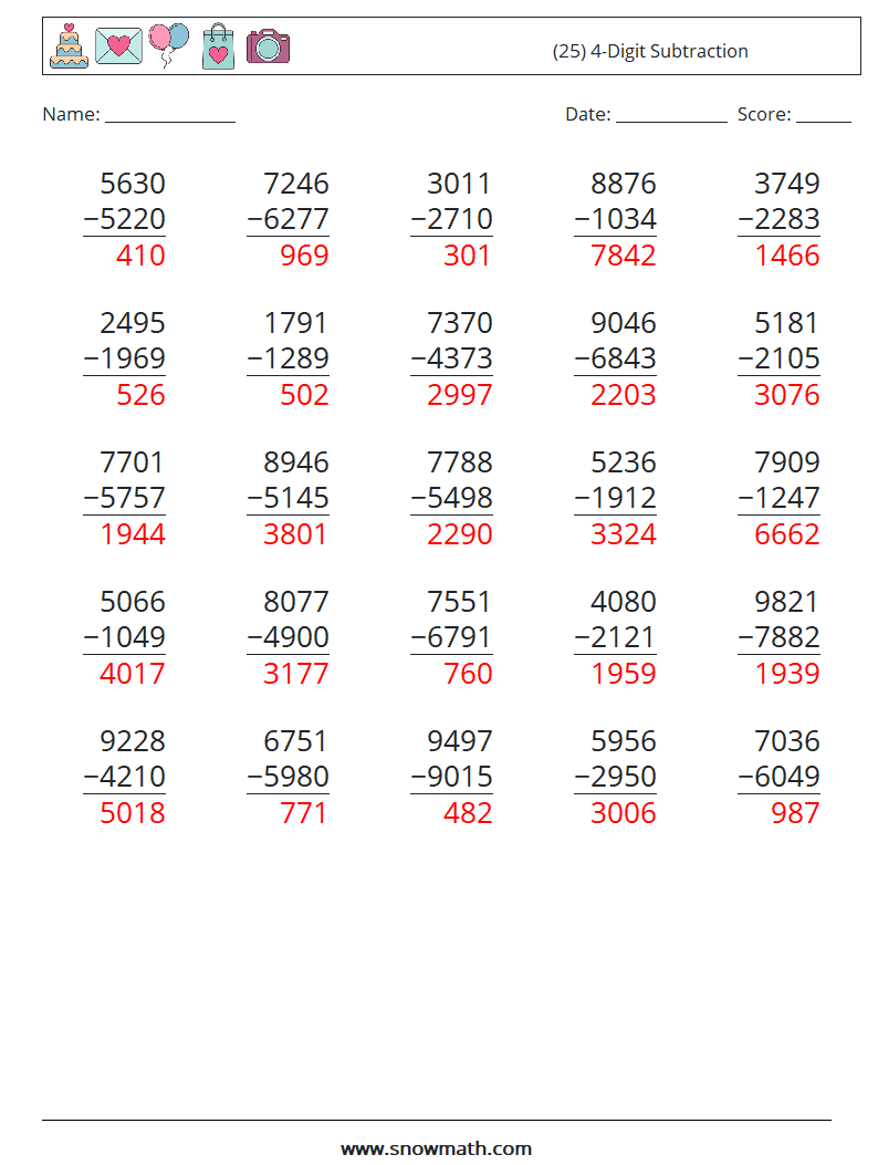 (25) 4-Digit Subtraction Math Worksheets 18 Question, Answer