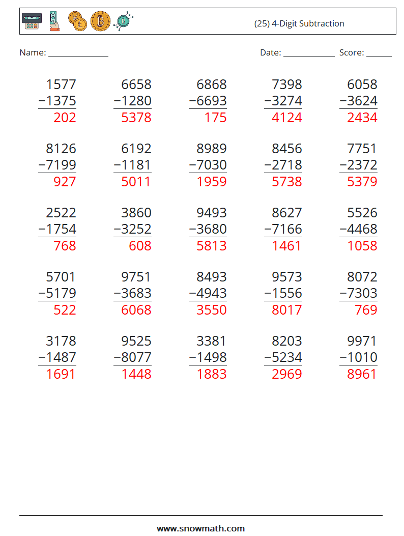 (25) 4-Digit Subtraction Math Worksheets 1 Question, Answer