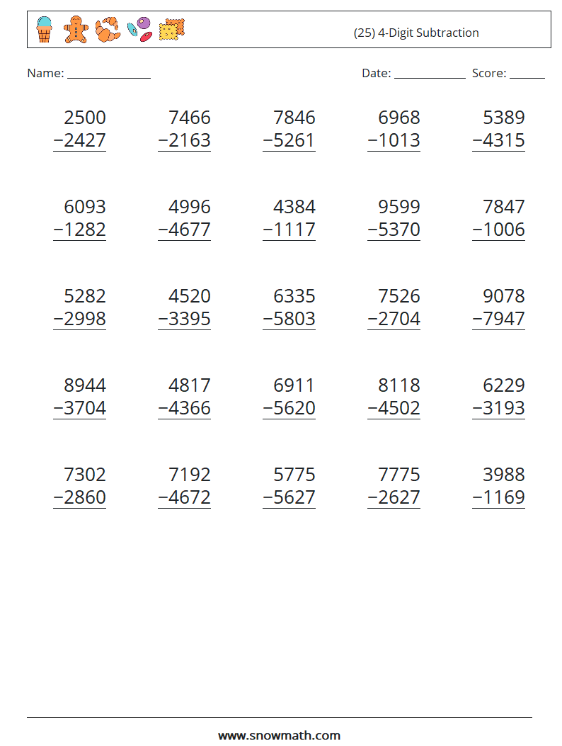 (25) 4-Digit Subtraction Maths Worksheets 2