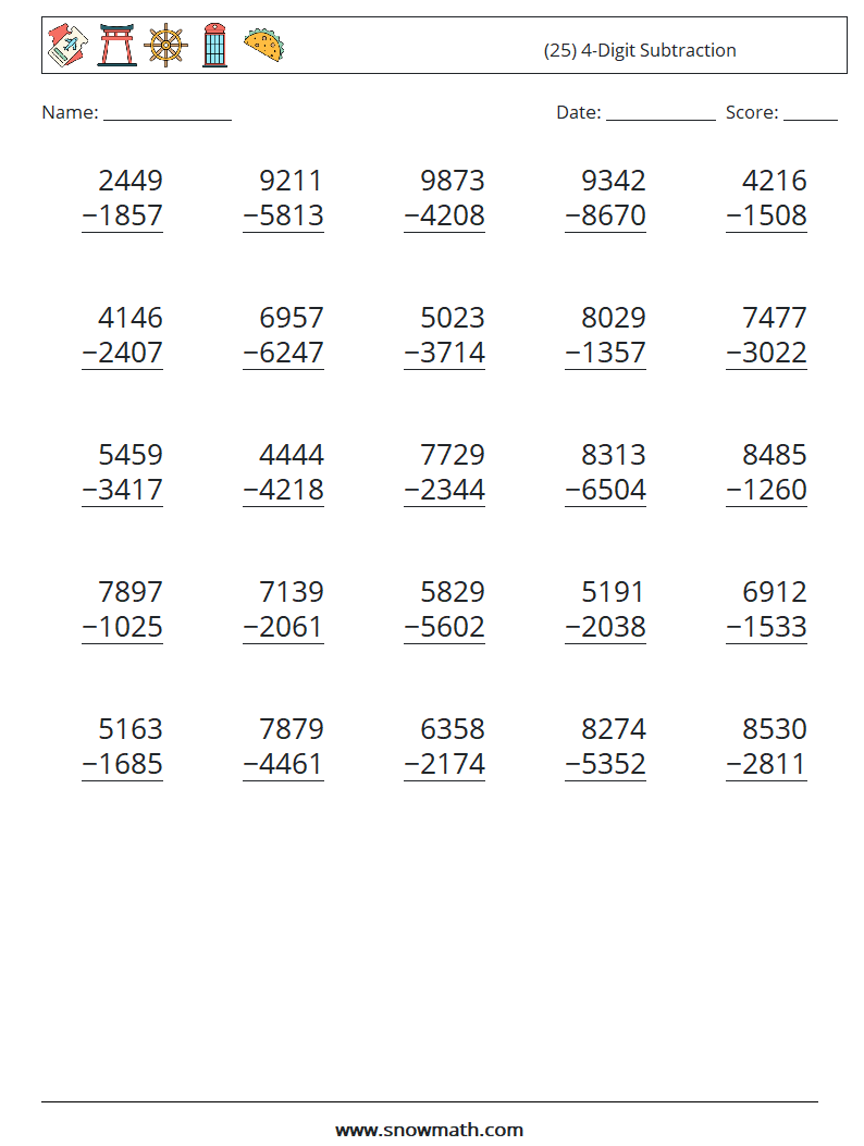 (25) 4-Digit Subtraction Math Worksheets 3