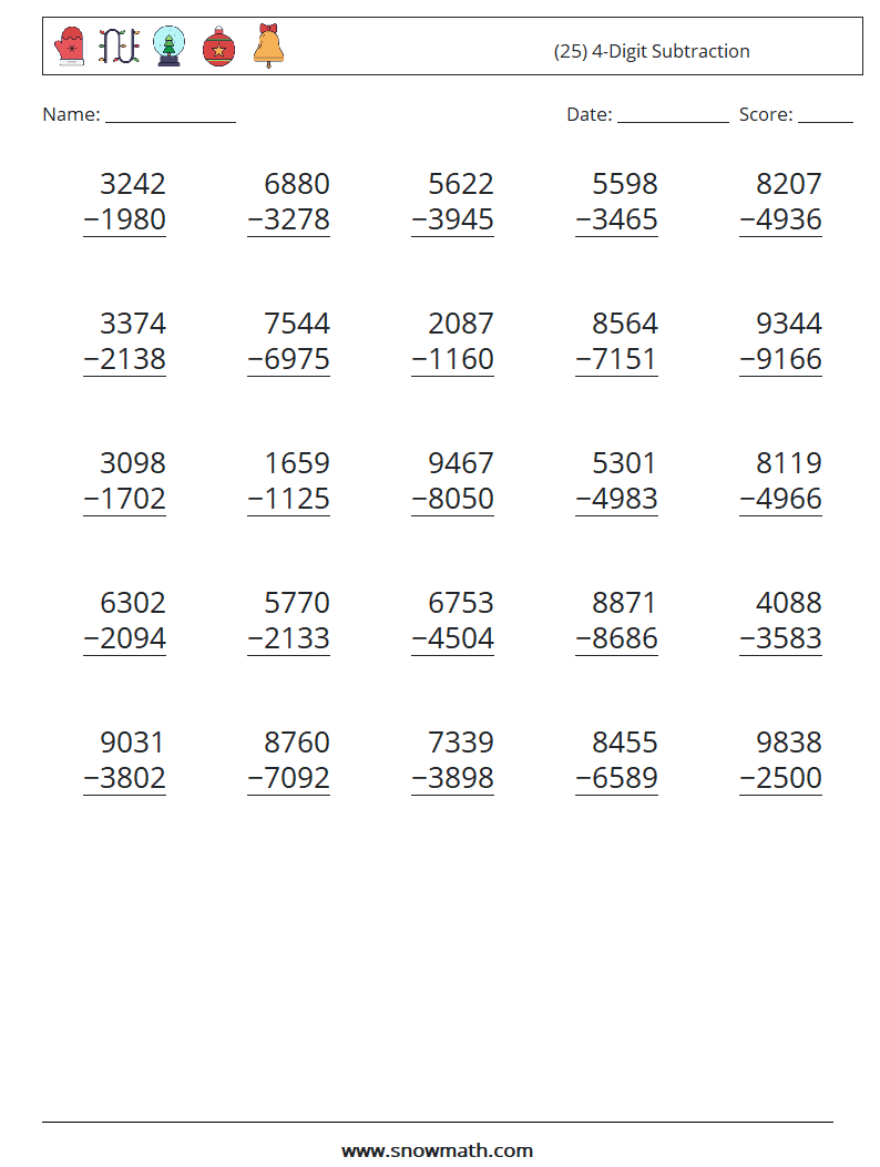 (25) 4-Digit Subtraction Maths Worksheets 4