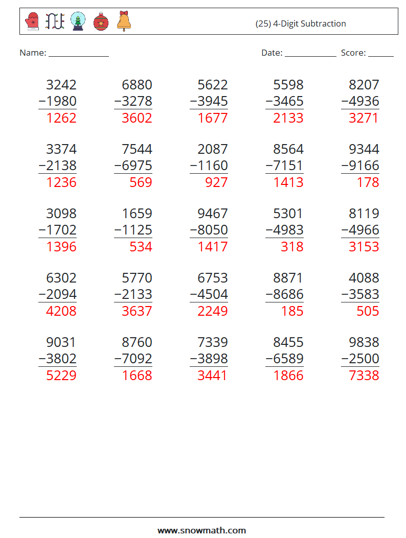 (25) 4-Digit Subtraction Math Worksheets 4 Question, Answer