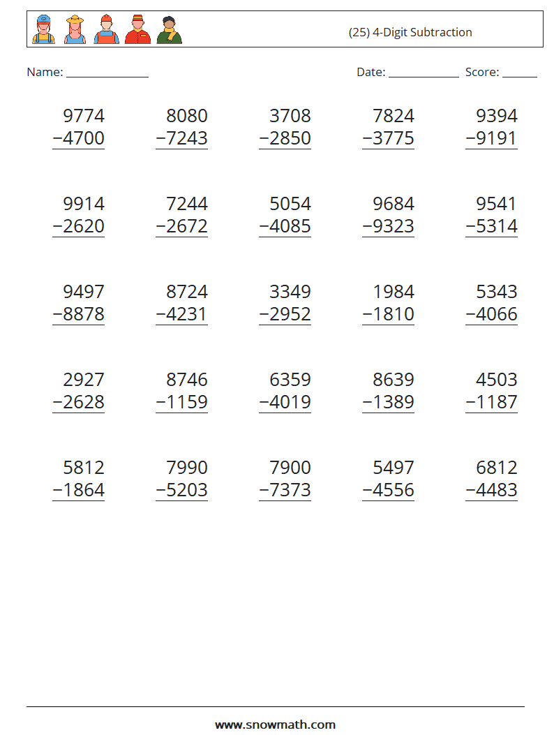 (25) 4-Digit Subtraction Math Worksheets 5