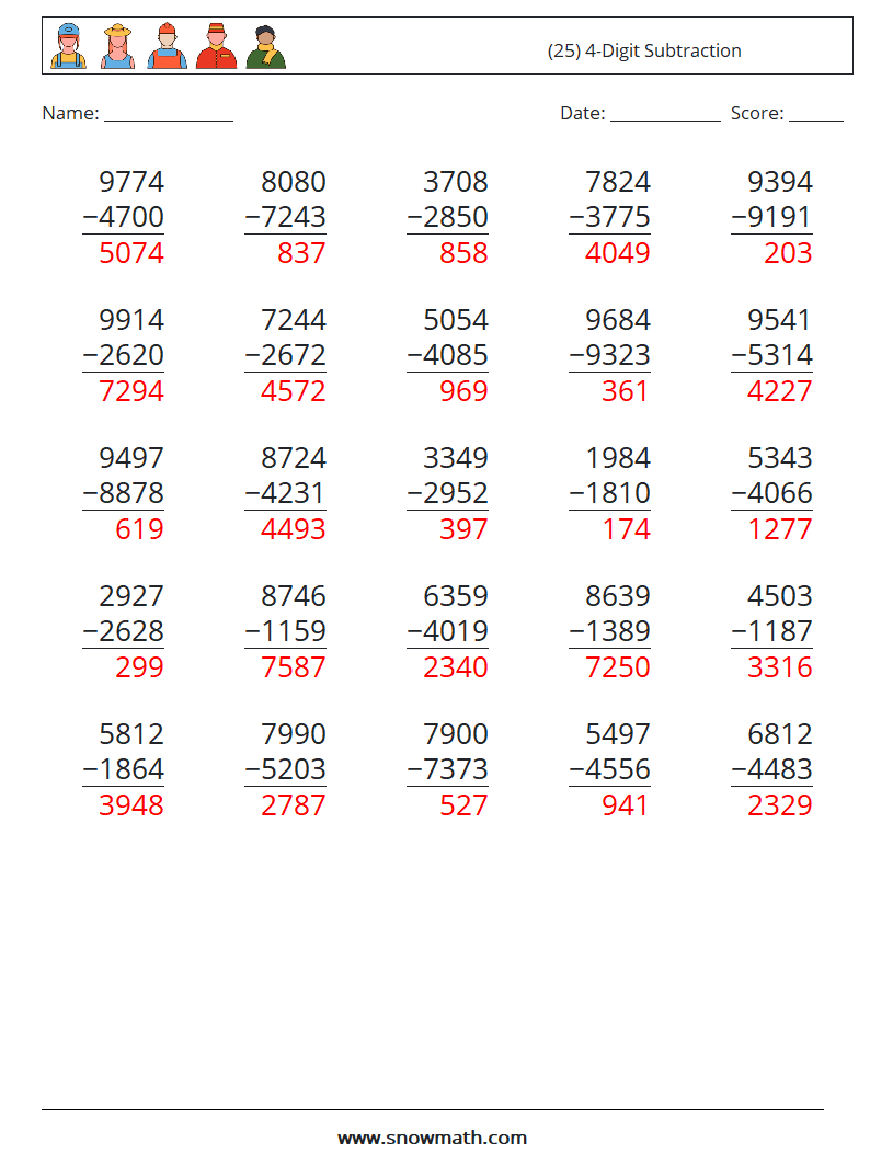 (25) 4-Digit Subtraction Math Worksheets 5 Question, Answer