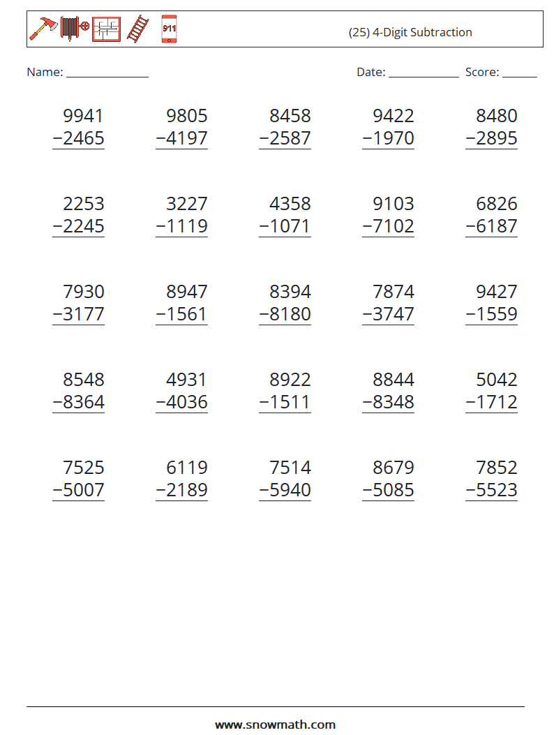 (25) 4-Digit Subtraction Maths Worksheets 6