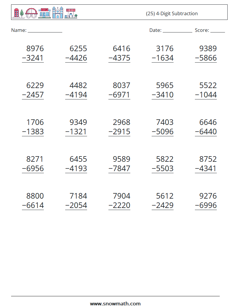 (25) 4-Digit Subtraction Math Worksheets 7