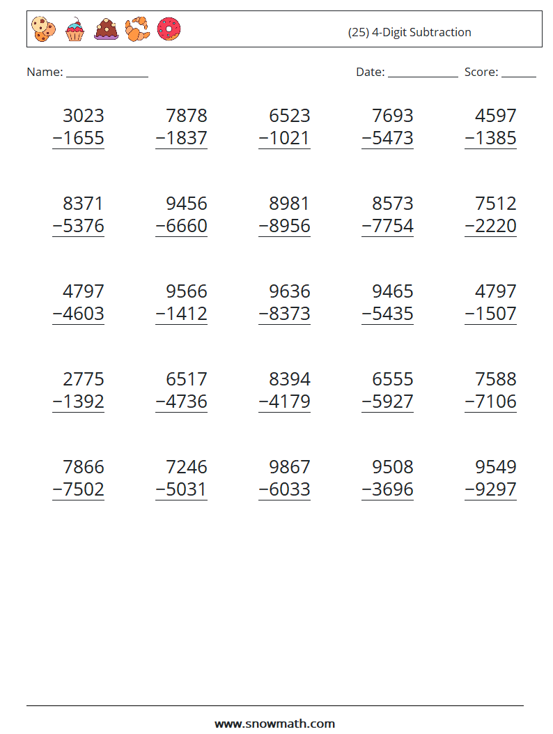 (25) 4-Digit Subtraction Math Worksheets 9