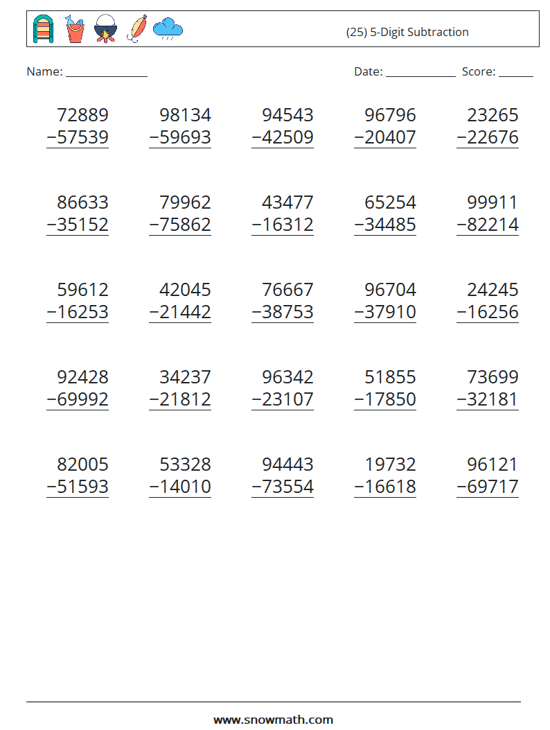 (25) 5-Digit Subtraction Maths Worksheets 1