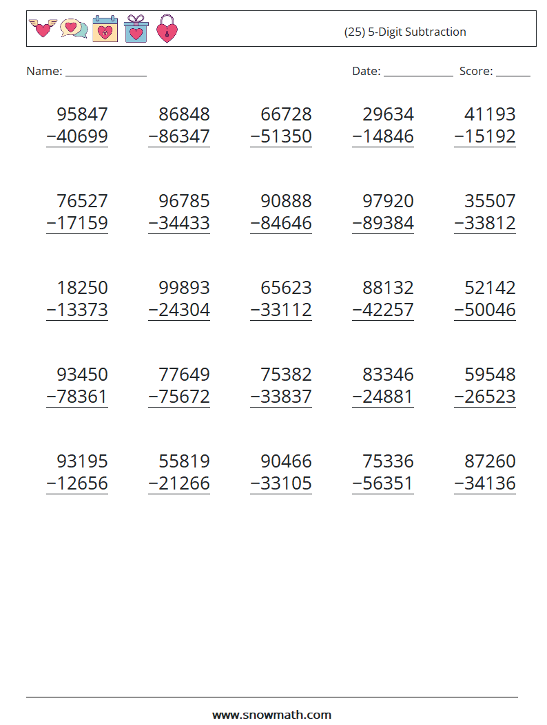 (25) 5-Digit Subtraction Maths Worksheets 10