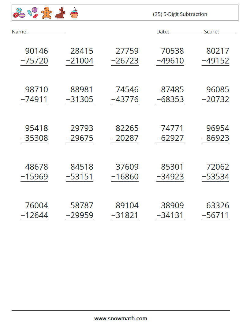 (25) 5-Digit Subtraction Maths Worksheets 11