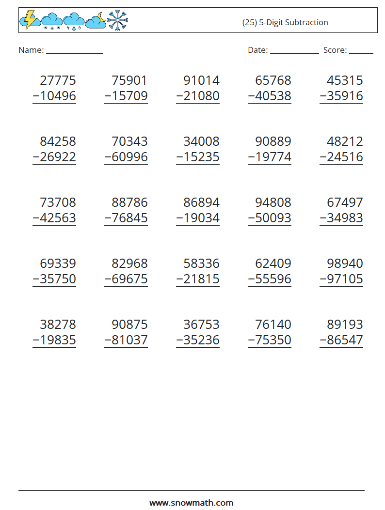 (25) 5-Digit Subtraction Maths Worksheets 12