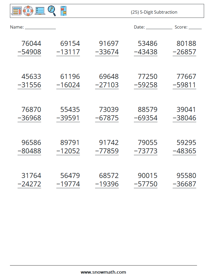 (25) 5-Digit Subtraction Math Worksheets 13