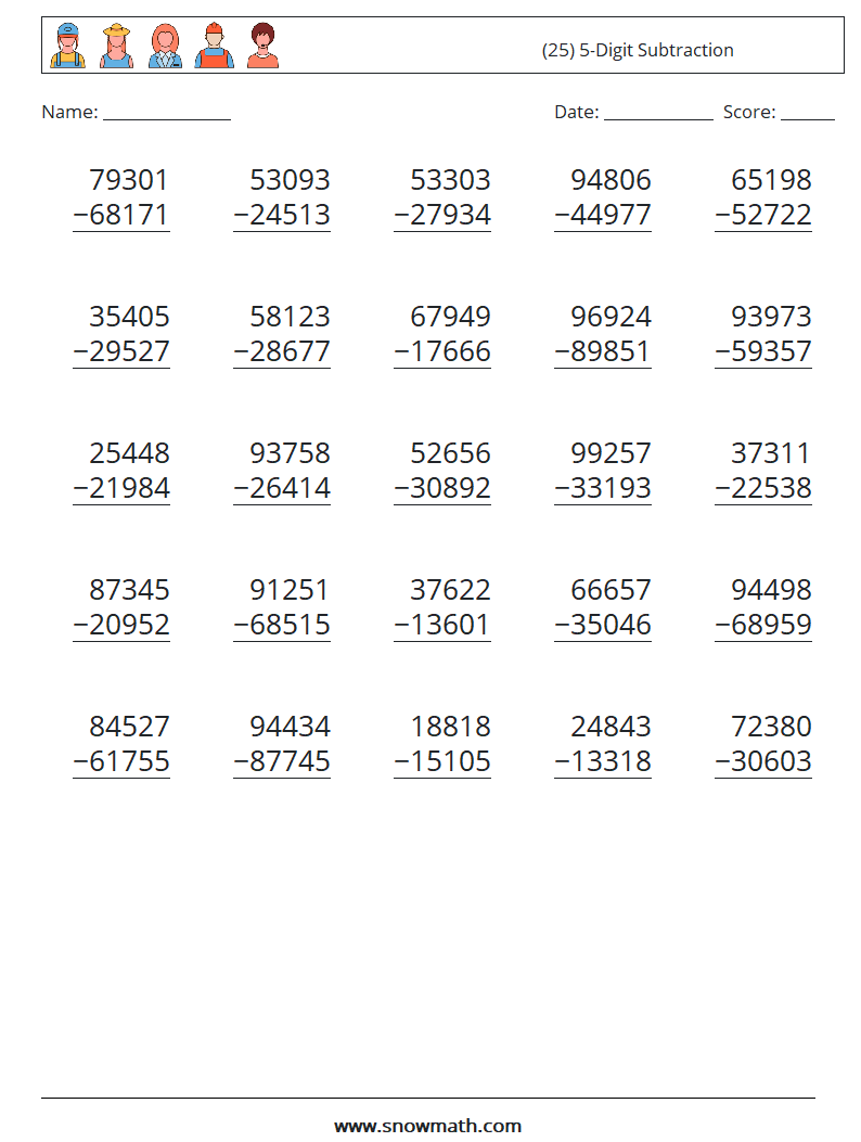 (25) 5-Digit Subtraction Math Worksheets 14