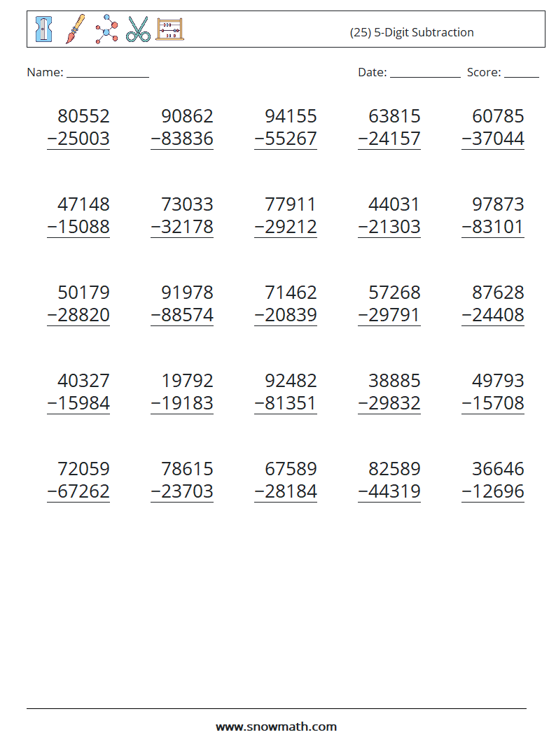 (25) 5-Digit Subtraction Maths Worksheets 15