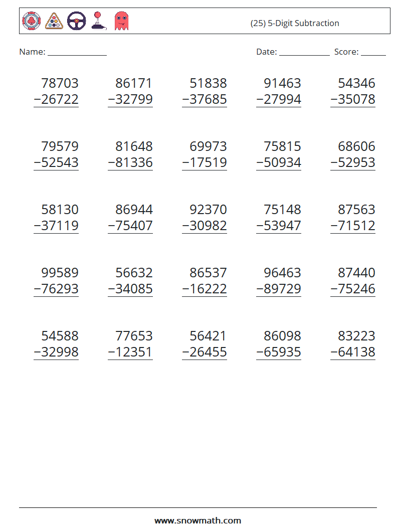 (25) 5-Digit Subtraction Math Worksheets 16