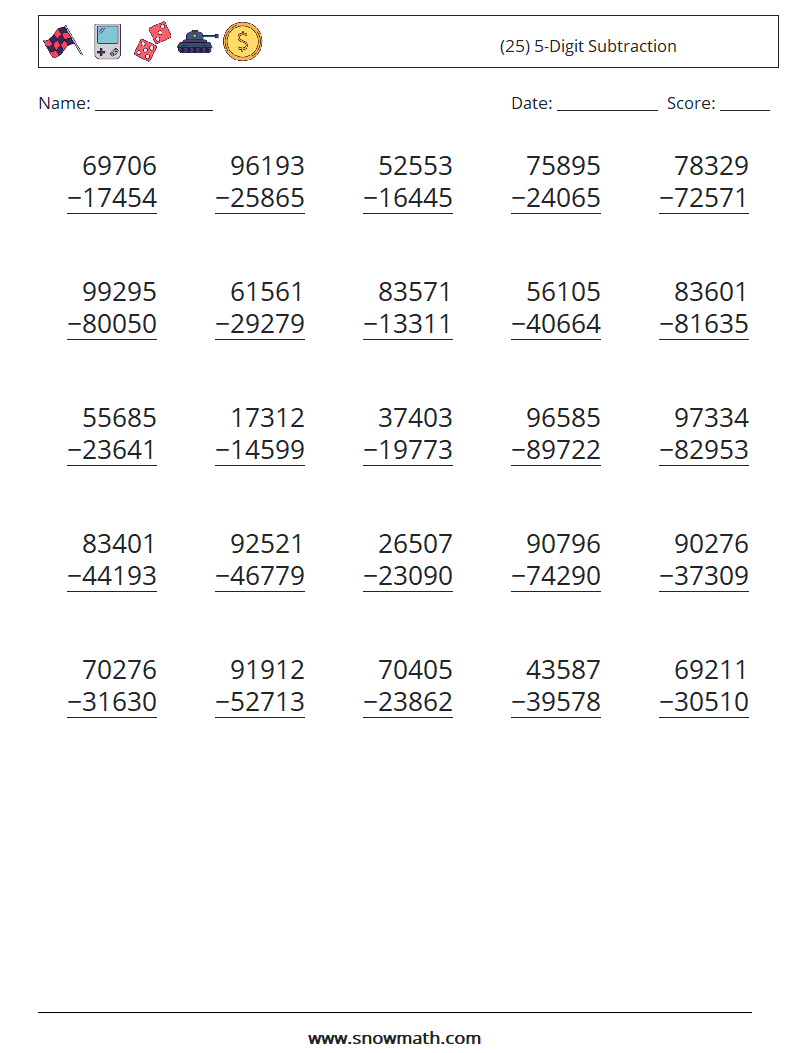 (25) 5-Digit Subtraction Math Worksheets 18