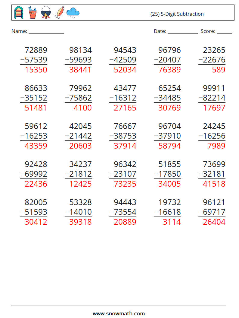 (25) 5-Digit Subtraction Math Worksheets 1 Question, Answer