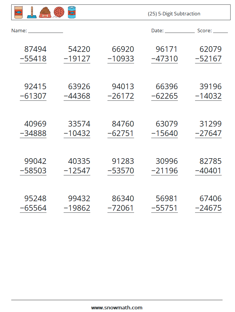 (25) 5-Digit Subtraction Maths Worksheets 3