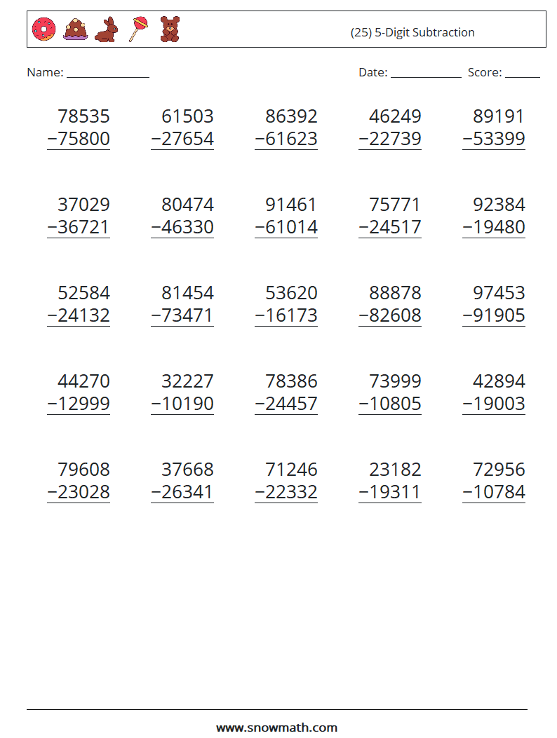 (25) 5-Digit Subtraction Maths Worksheets 4