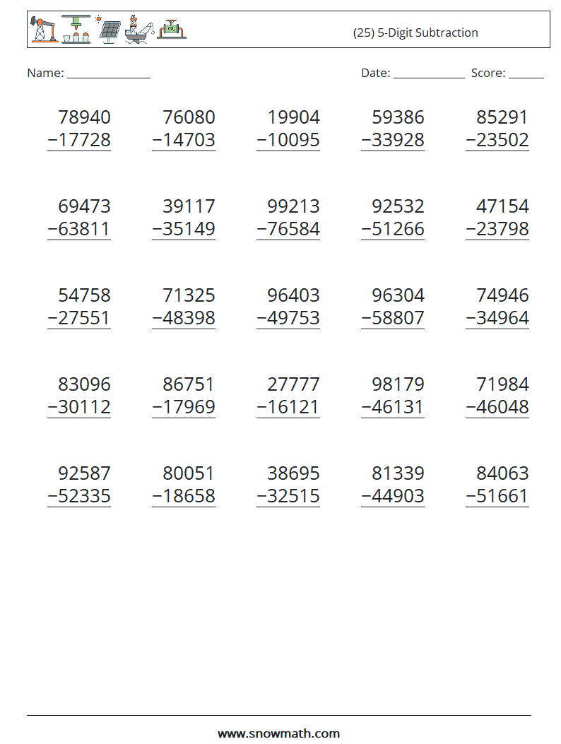 (25) 5-Digit Subtraction Math Worksheets 5